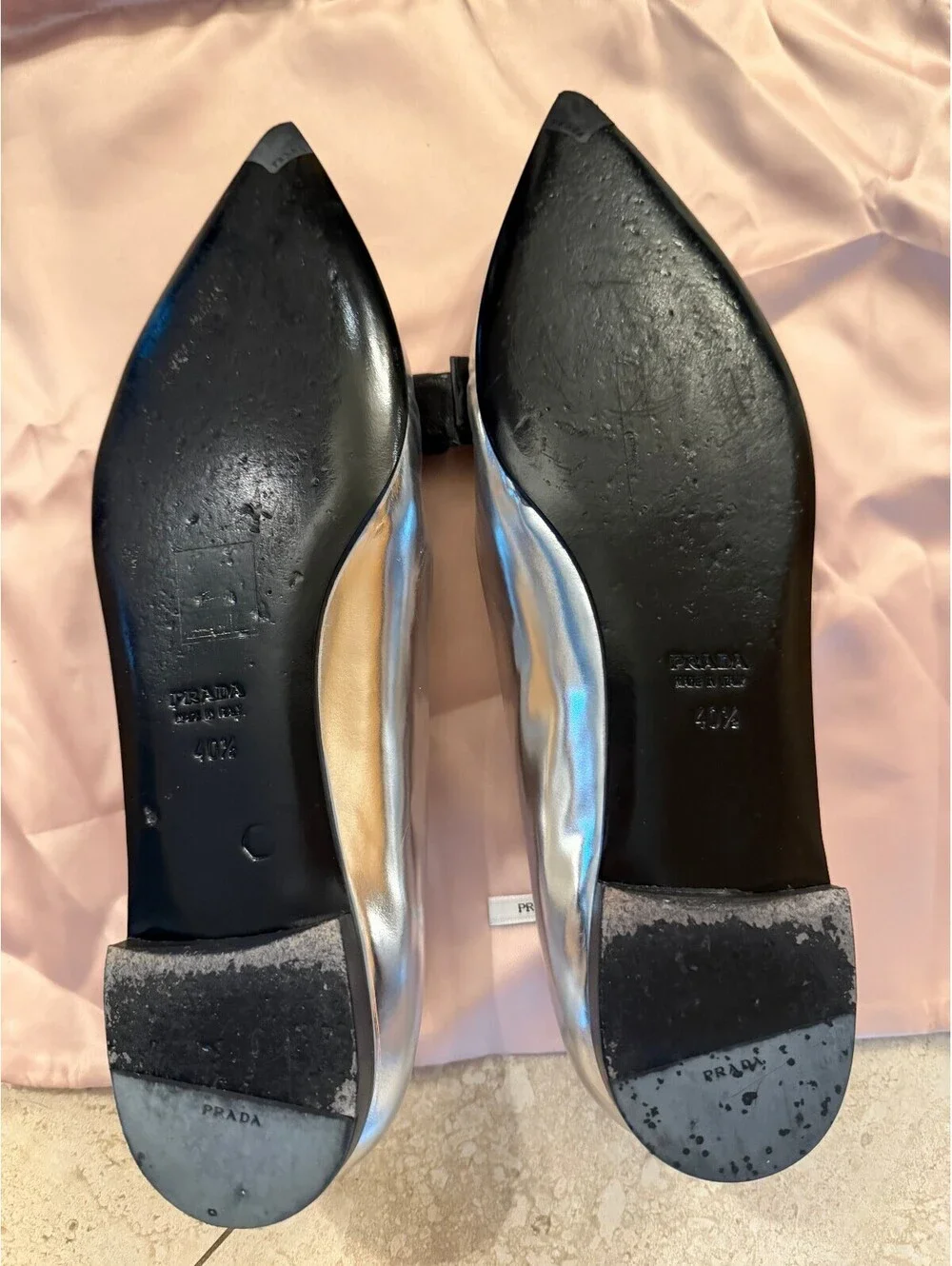VINTAGE Prada Metallic Silver Leather Bow Pointed Toe Ballet Flats US 10.5